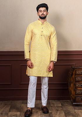 Yellow Embroidered Art Silk Kurta Set For Men
