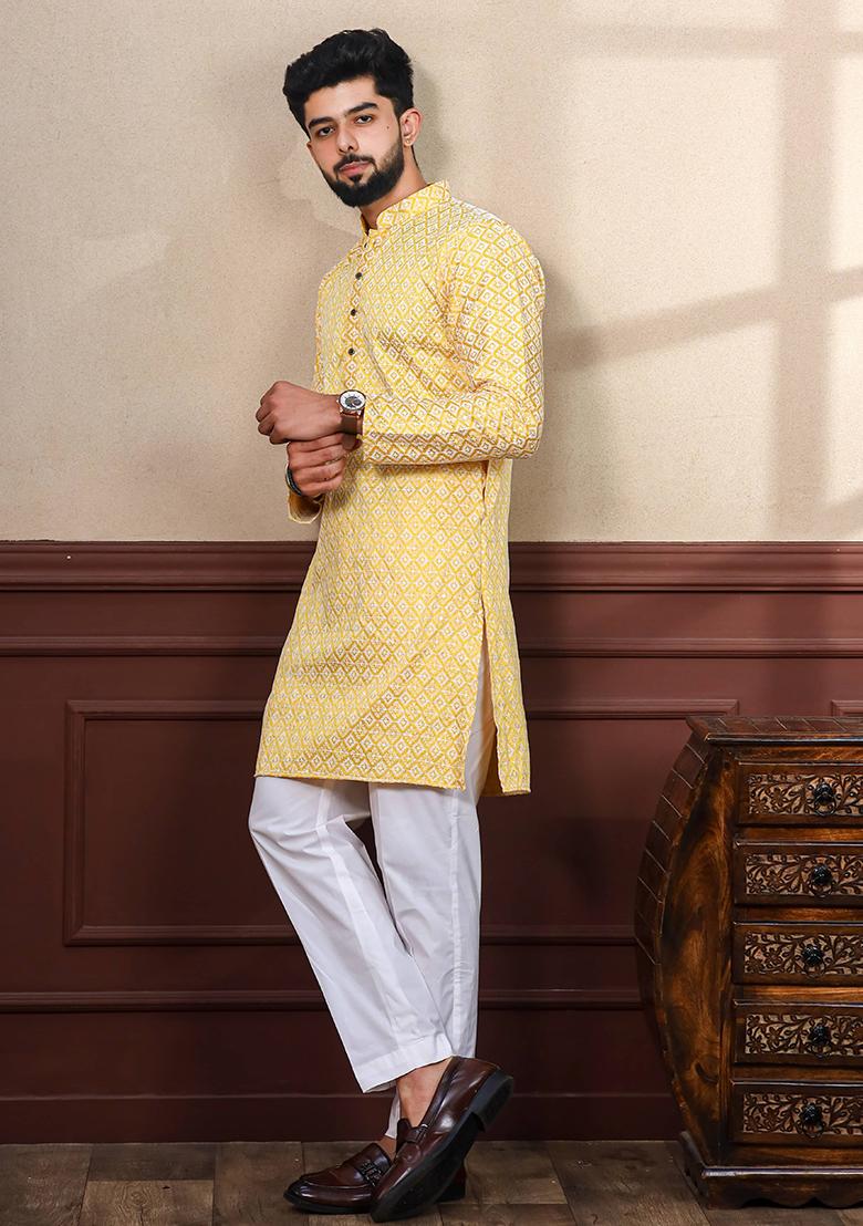 Yellow Embroidered Art Silk Kurta Set For Men