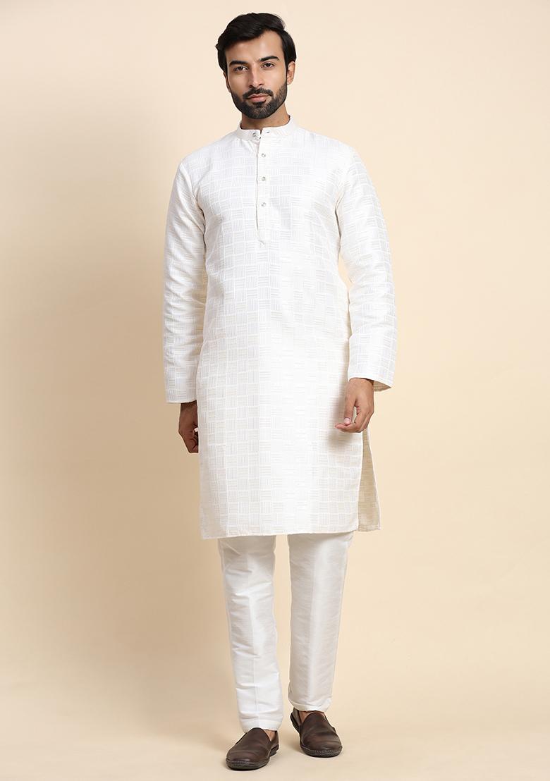 White Woven Jacquard Kurta Set For Men