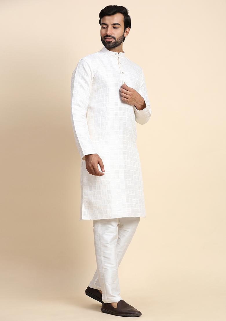 White Woven Jacquard Kurta Set For Men