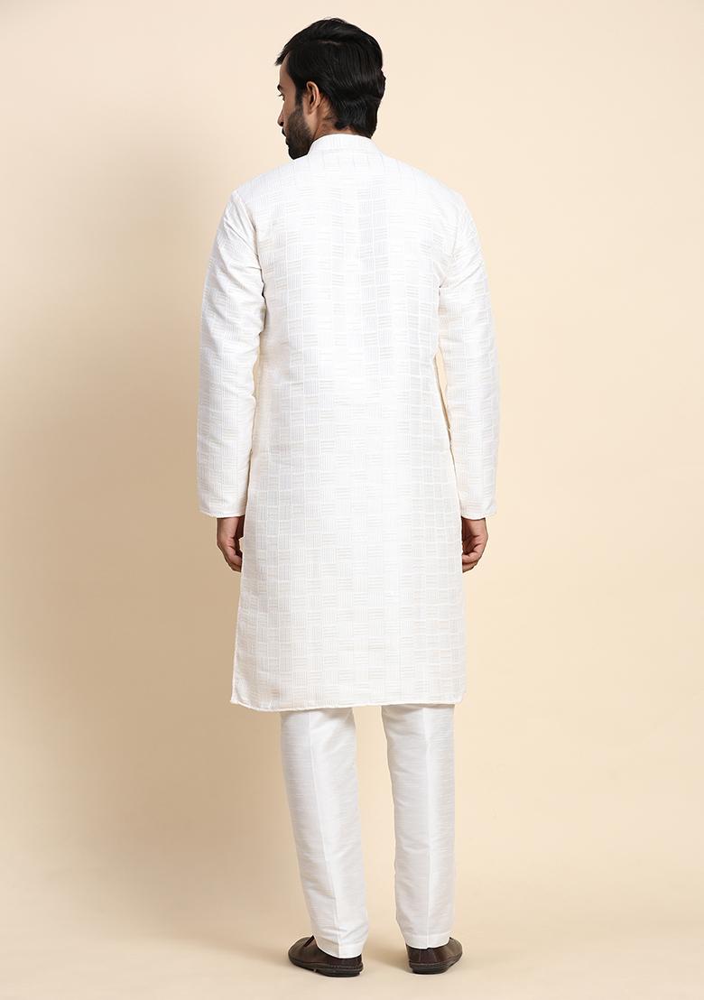 White Woven Jacquard Kurta Set For Men