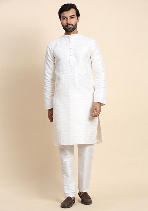 White Woven Jacquard Kurta Set For Men