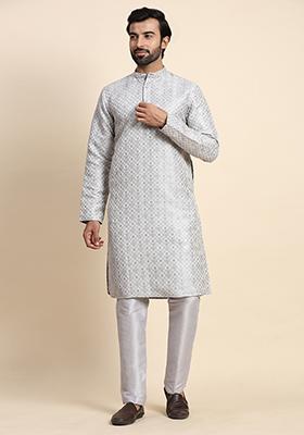Grey Woven Jacquard Kurta Set For Men