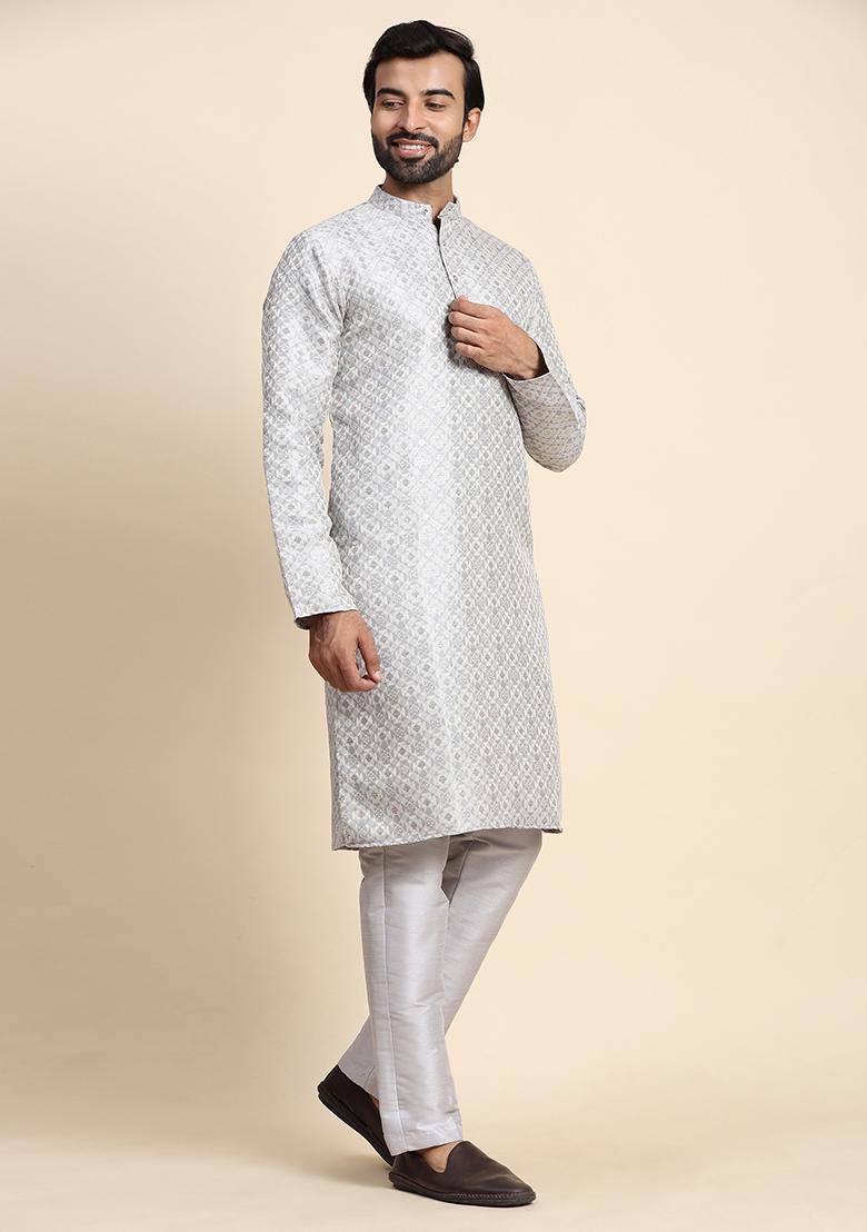 Grey Woven Jacquard Kurta Set For Men