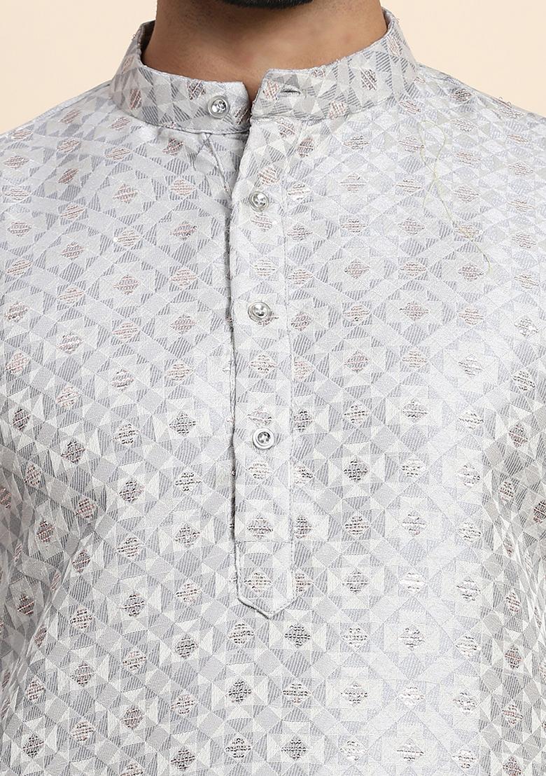 Grey Woven Jacquard Kurta Set For Men