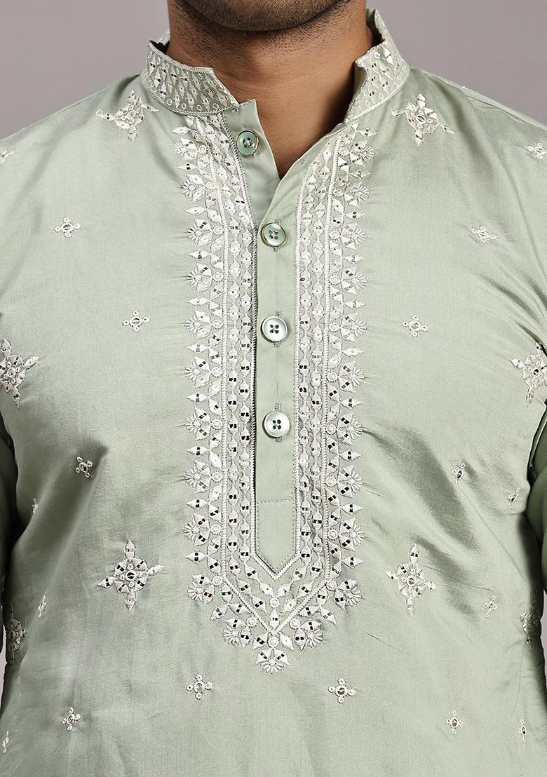 Green Embroidered Silk Kurta Set For Men