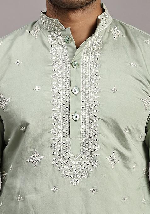 Green Embroidered Silk Kurta Set For Men