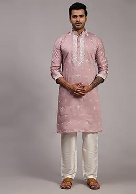Pink  Embroidered Silk Kurta Set For Men