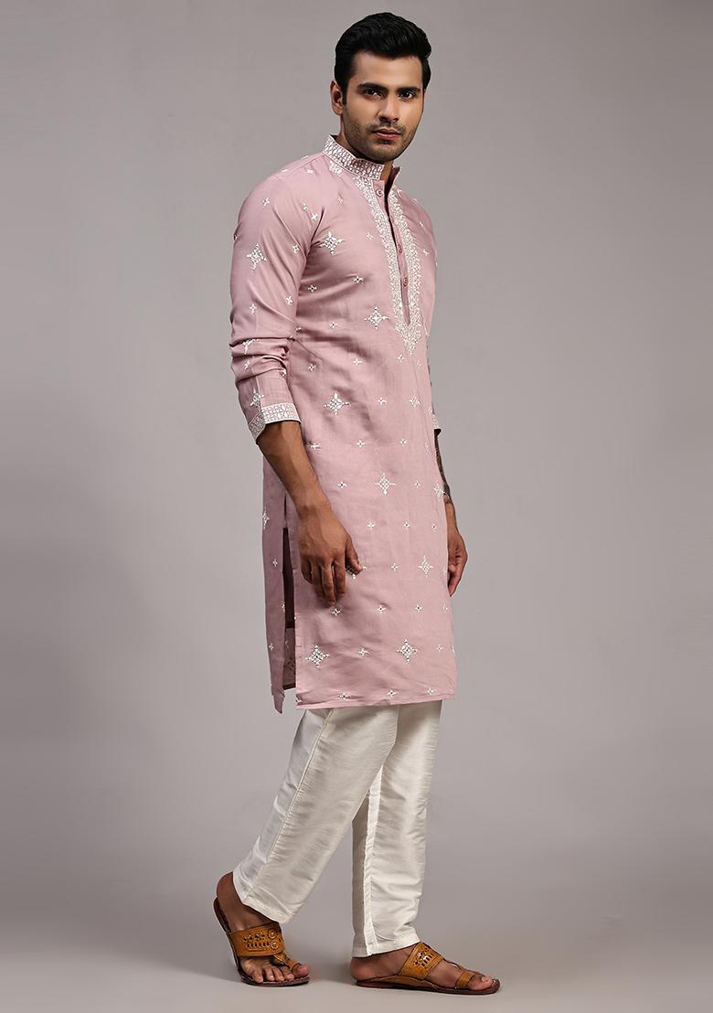 Pink  Embroidered Silk Kurta Set For Men