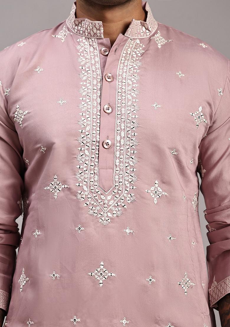 Pink  Embroidered Silk Kurta Set For Men