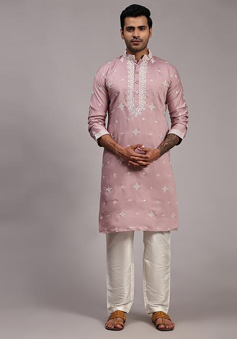 Pink Embroidered Silk Kurta Set For Men