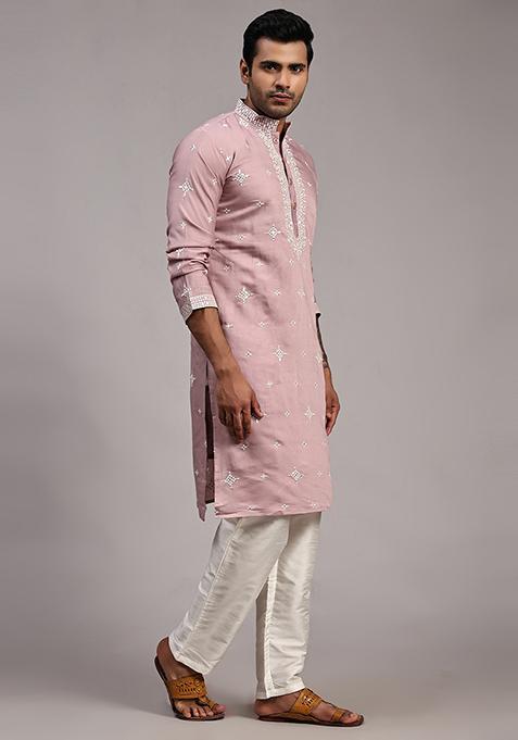 Pink Embroidered Silk Kurta Set For Men