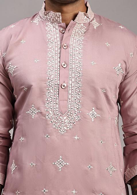 Pink Embroidered Silk Kurta Set For Men