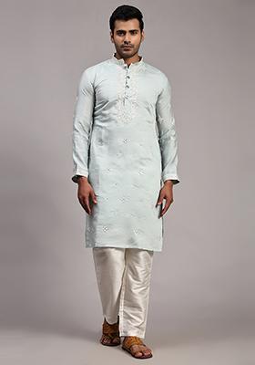 Blue Embroidered Silk Kurta Set For Men