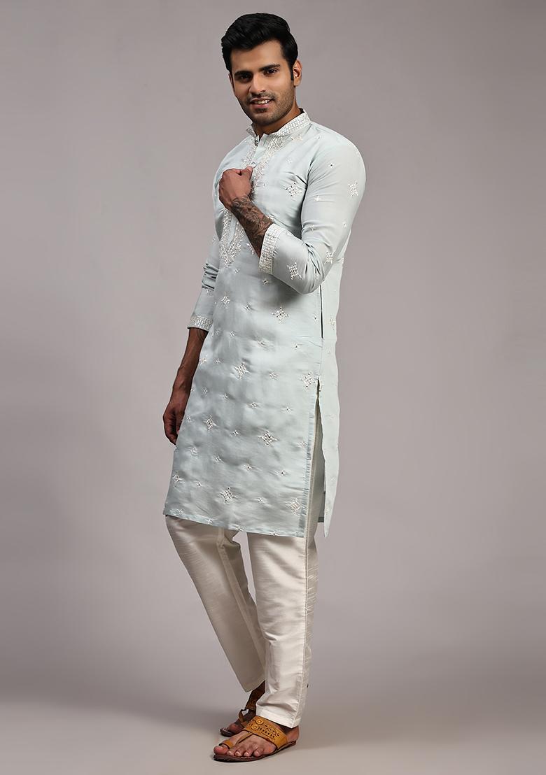 Blue Embroidered Silk Kurta Set For Men