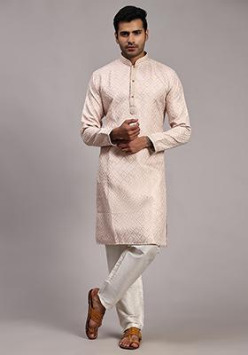 Pink  Woven Jacquard Kurta Set For Men