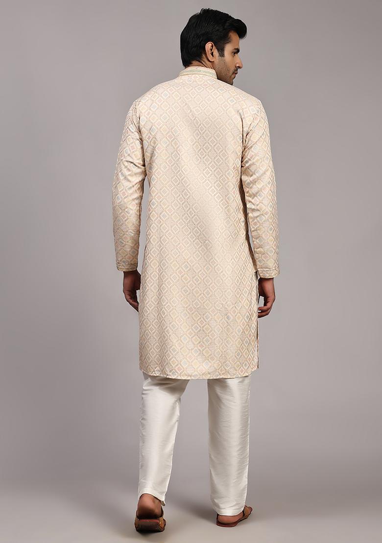 Cream Woven Jacquard Kurta Set For Men