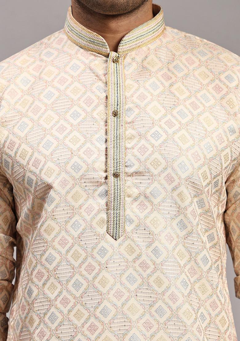Cream Woven Jacquard Kurta Set For Men
