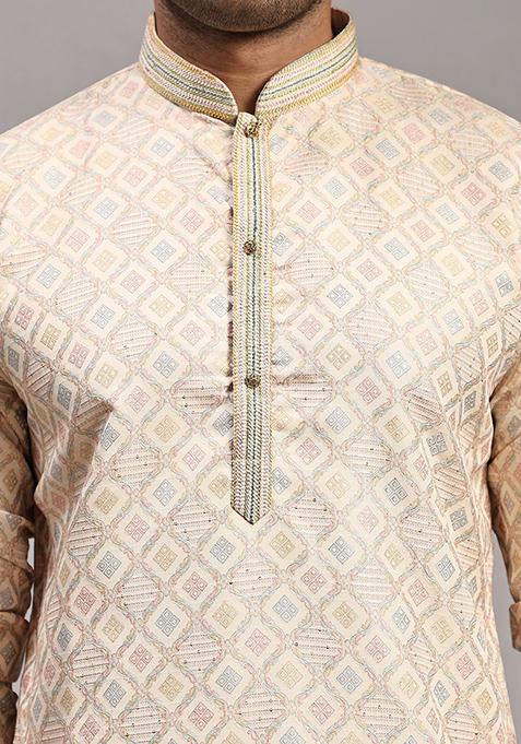 Cream Woven Jacquard Kurta Set For Men