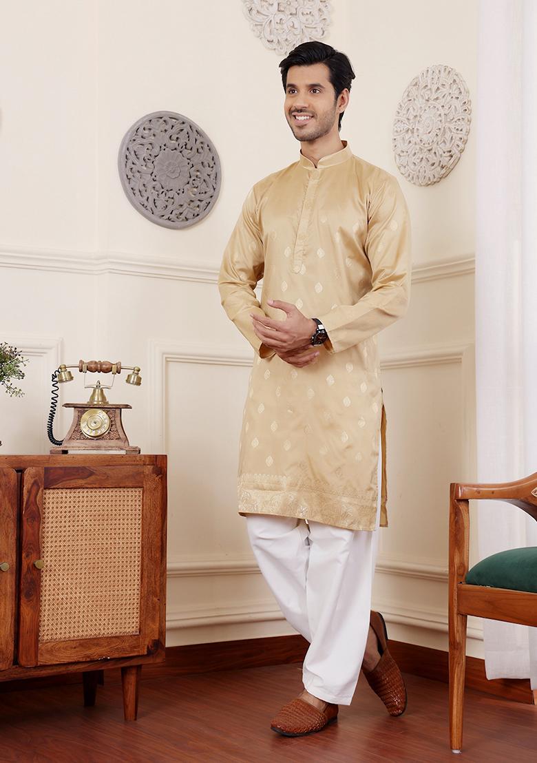 Beige Woven Viscose  Kurta Set For Men