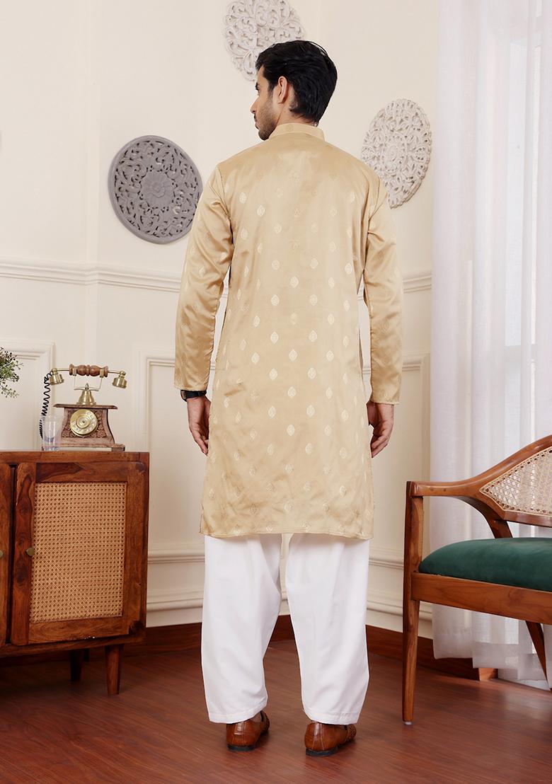 Beige Woven Viscose Kurta Set For Men