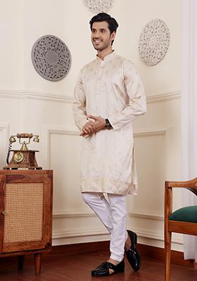 Cream Woven Viscose  Kurta Set For Men