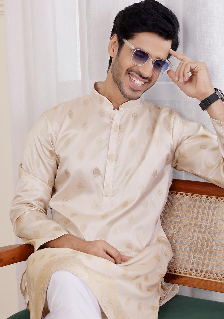 Cream Woven Viscose  Kurta Set For Men