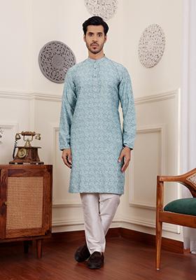 Blue Woven Viscose  Kurta Set For Men