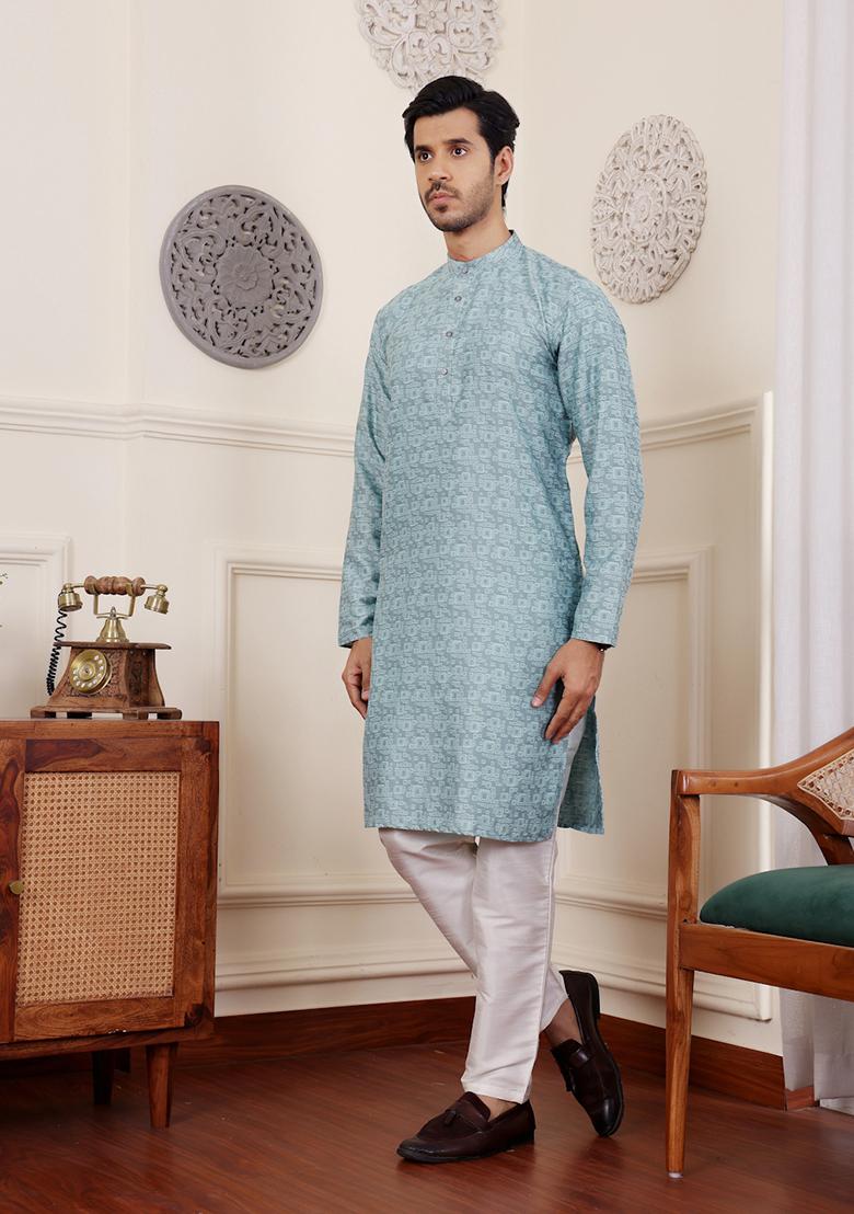 Blue Woven Viscose  Kurta Set For Men