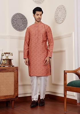 Orange Woven Viscose  Kurta Set For Men
