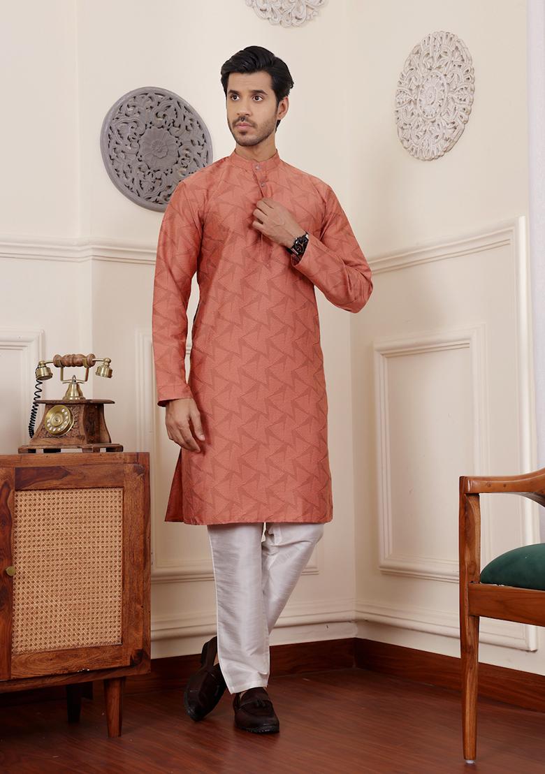 Orange Woven Viscose  Kurta Set For Men