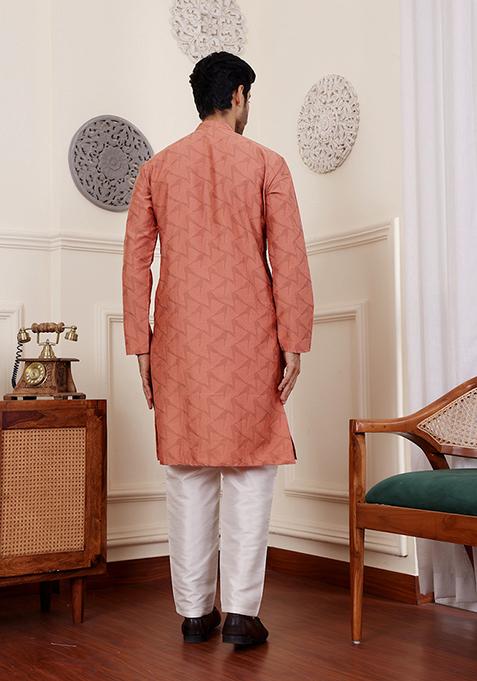 Orange Woven Viscose Kurta Set For Men