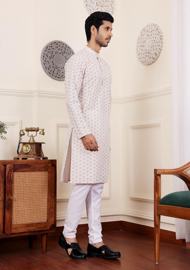 Cream Embroidered Viscose  Kurta Set For Men