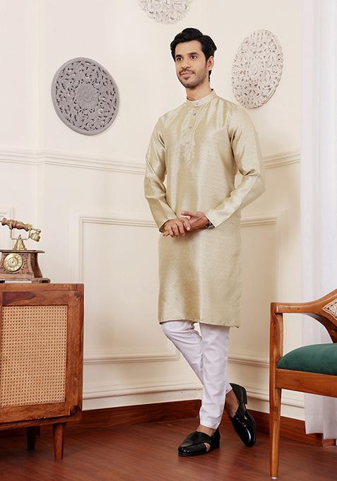 Green Woven Viscose Kurta Set For Men