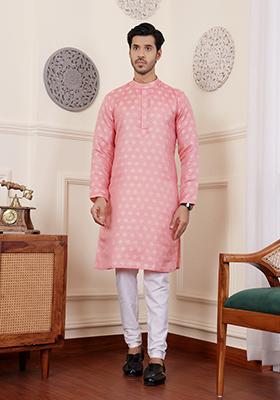 Pink Woven Viscose  Kurta Set For Men
