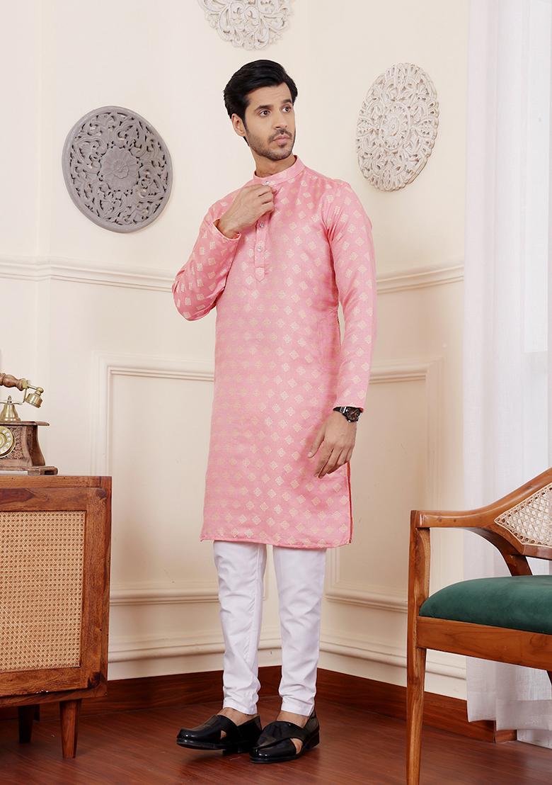 Pink Woven Viscose  Kurta Set For Men
