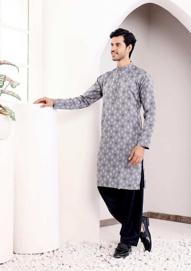 Grey Woven Viscose  Kurta For Men