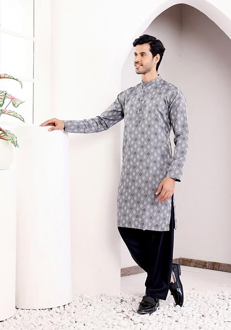 Grey Woven Viscose Kurta For Men
