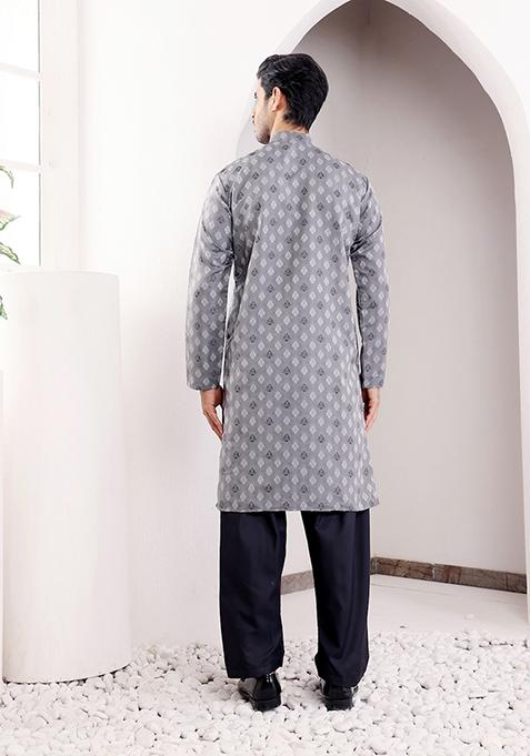 Grey Woven Viscose Kurta For Men