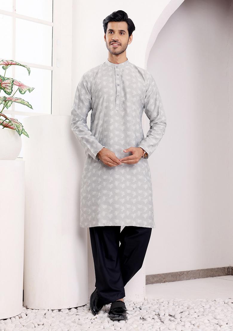 Grey Woven Viscose Kurta For Men