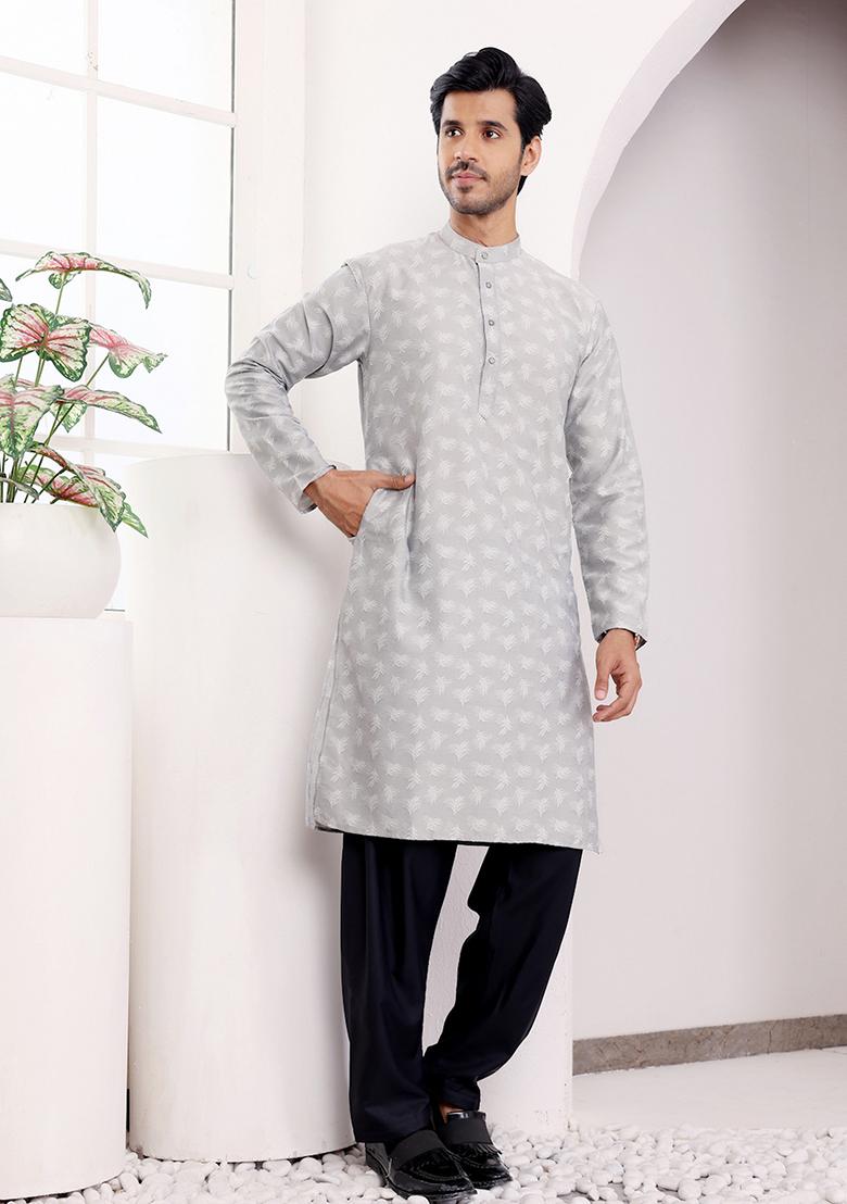 Grey Woven Viscose  Kurta For Men