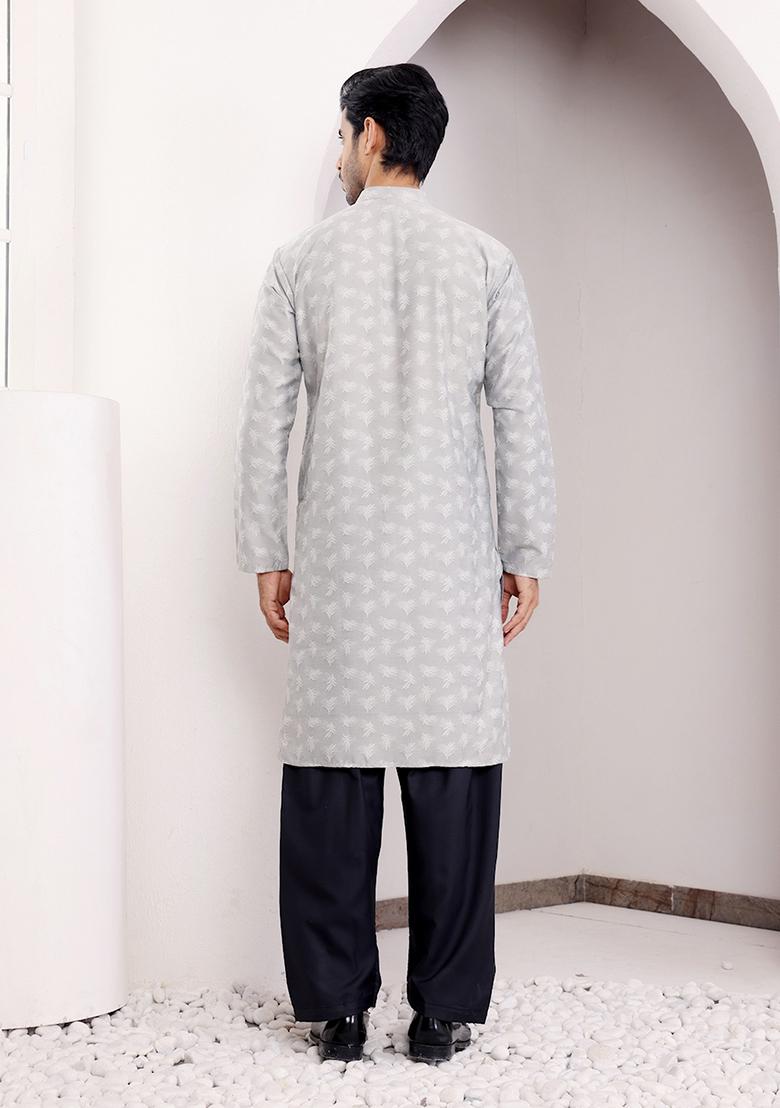 Grey Woven Viscose Kurta For Men