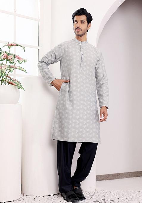 Grey Woven Viscose Kurta For Men