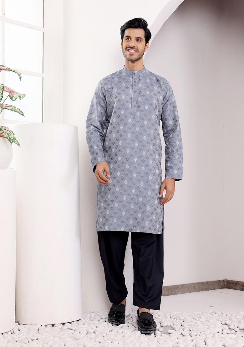 Blue Woven Viscose Kurta For Men