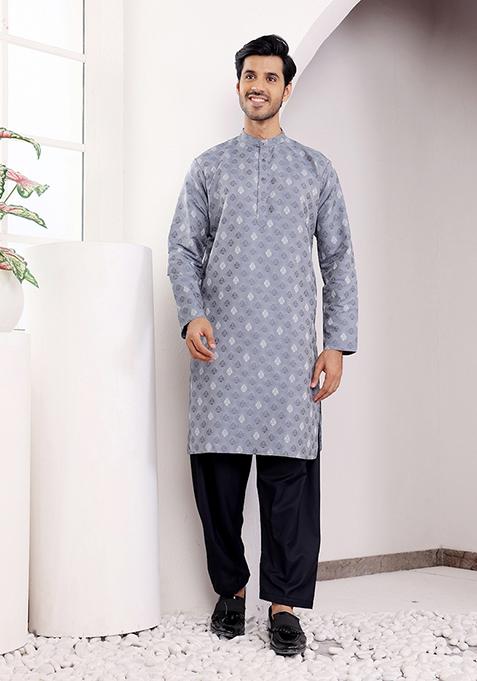 Blue Woven Viscose Kurta For Men