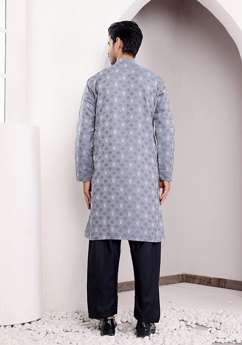 Blue Woven Viscose Kurta For Men