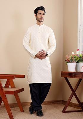 White Woven Viscose  Kurta For Men