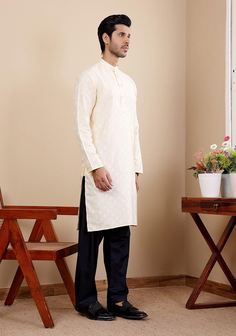 White Woven Viscose  Kurta For Men