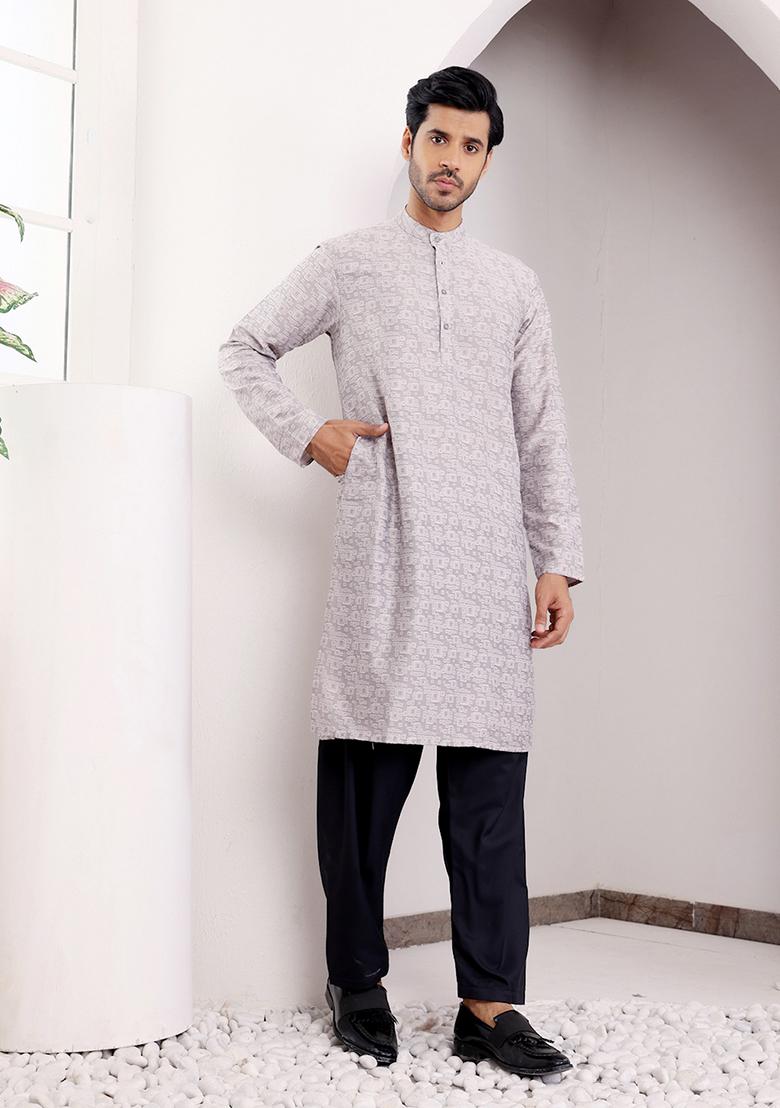 Grey Woven Viscose  Kurta For Men