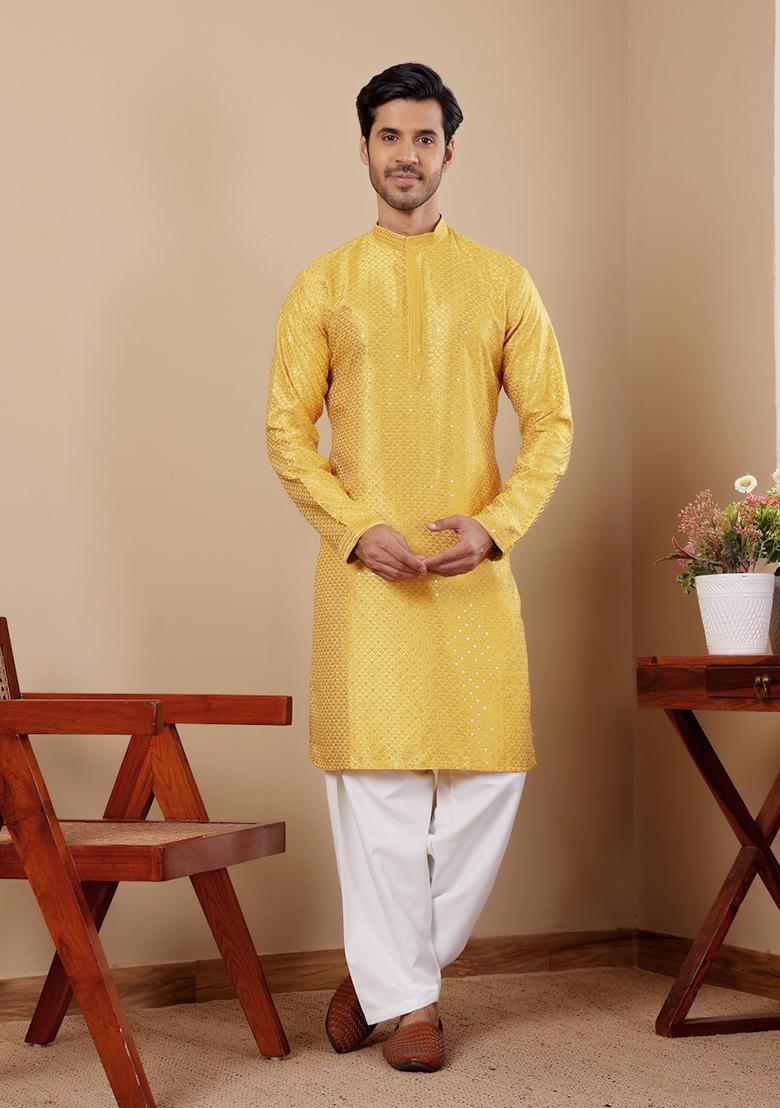 Yellow Embroidered Viscose Kurta Set For Men